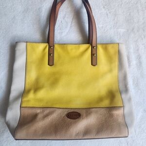 Fossil Zoey Yellow White Pebbled Leather Tote Shoulder Handbag Purse‎